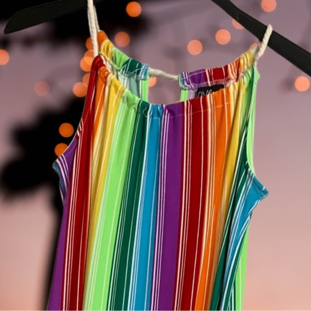 Plus Size Striped Rainbow Rope Trapeze Maxi Dress - Multi Color Rainbow